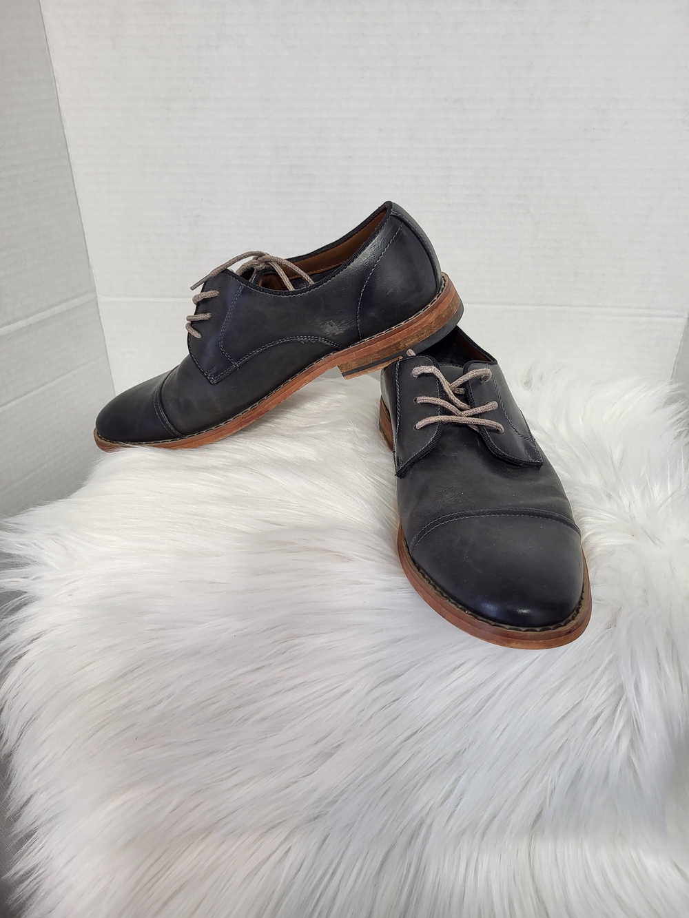 Call It Spring Black Leather Derby Shoes with Brown Sole, Size 7.5